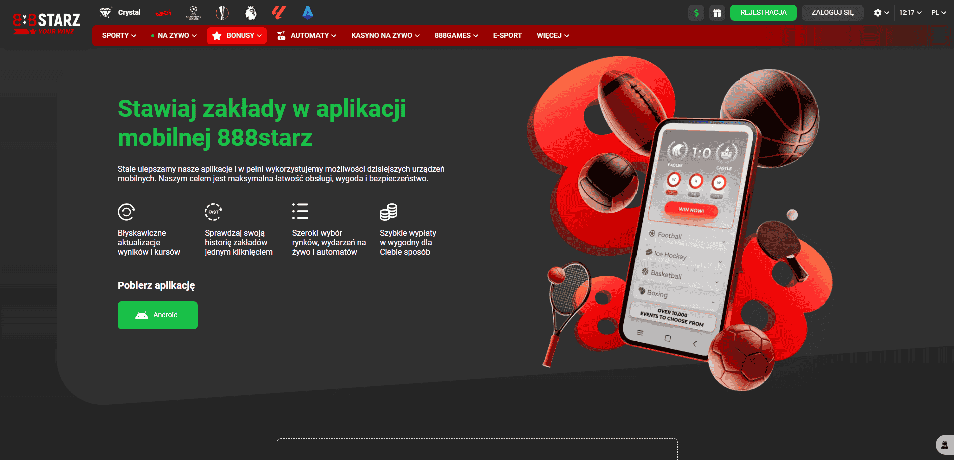 Interfejs aplikacji mobilnej 888starz na smartfonie